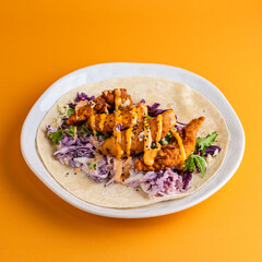 Fried Chicken Drizzled Sauce Wrap Food Photography Editorial Yellow Backdrop
