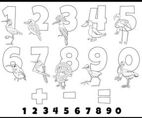 educational numbers set with comic birds coloring page