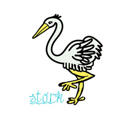 Stork, bird drawing in cartoon style, color illustration, on a transparent background