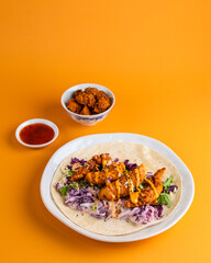 Fried Chicken Drizzled Sauce Wrap Food Photography Editorial Yellow Backdrop 
