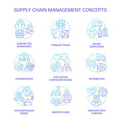 Supply chain management blue gradient concept icons set. Business process and service idea thin line color illustrations. Isolated symbols. Roboto-Medium, Myriad Pro-Bold fonts used