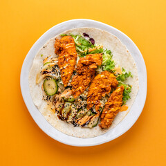 Fried Chicken Drizzled Sauce Wrap Food Photography Editorial Yellow Backdrop