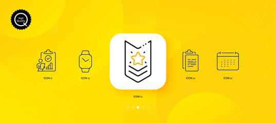 Fototapeta na wymiar Clipboard, Calendar and Smartwatch minimal line icons. Yellow abstract background. Inspect, Shoulder strap icons. For web, application, printing. Vector