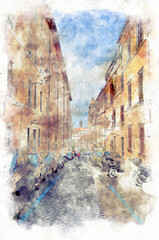 Digital illustration in watercolor style of the street of Rome city