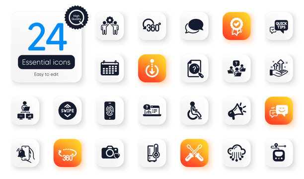 Set of Technology flat icons. Employees teamwork, Refrigerator and Full rotation elements for web application. Calendar, 360 degrees, Work home icons. Megaphone, Online help. Vector