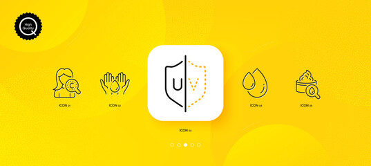 Fototapeta na wymiar Uv protection, Collagen skin and Wash hands minimal line icons. Yellow abstract background. Moisturizing cream, Oil drop icons. For web, application, printing. Vector