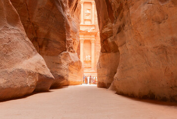 The Siq canyon in Petra. The Treasury: ancient city of Petra in Jordan