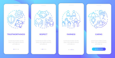 Organizational ethics elements blue gradient onboarding mobile app screen. Walkthrough 4 steps graphic instructions with linear concepts. UI, UX, GUI template. Myriad Pro-Bold, Regular fonts used