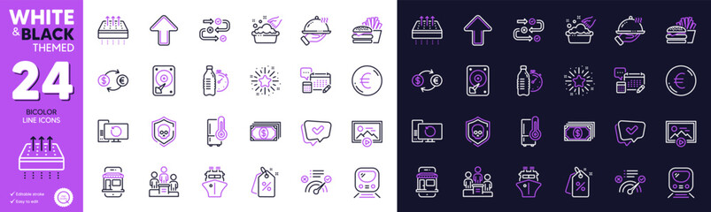 Start presentation, Approved and Currency exchange line icons for website, printing. Collection of Restaurant food, Recovery computer, Discount tags icons. Twinkle star, Metro. Vector
