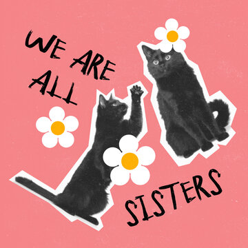 Contemporary art collage. Conceptual image with two black cats on pink background. Concept of human equality