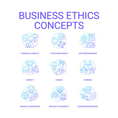 Business ethics blue gradient concept icons set. Corporate social responsibility idea thin line color illustrations. Service to humanity. Isolated symbols. Roboto-Medium, Myriad Pro-Bold fonts used