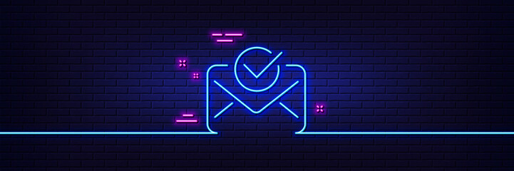 Neon light glow effect. Approved mail line icon. Accepted or confirmed sign. Document symbol. 3d line neon glow icon. Brick wall banner. Approved mail outline. Vector