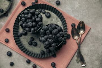 plate with two bowls of blueberries for a healthy lifestyle concept