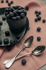 nature and healthy eating concept by bowl and plate with blueberries