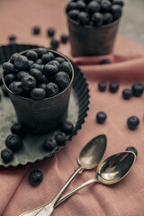 two bowls of blueberries fruits on kitchen towel and plate with spoons