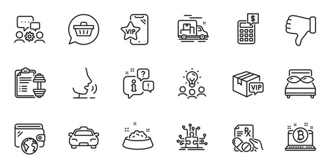 Outline set of Pillows, Vip phone and Engineering team line icons for web application. Talk, information, delivery truck outline icon. Include Dislike hand, Vip parcel, Taxi icons. Vector