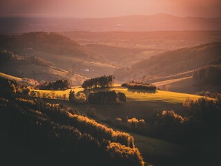 Aerial drone shot of the Black Forest mountain range in Germany