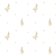 Watercolor seamless pattern with toy goose, pastel polka dot. Isolated on white background. Hand drawn clipart. Perfect for card, textile, tags, invitation, printing, wrapping.