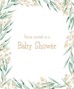 Watercolor illustration baby shower invitation with eucalyptus frame. Isolated on white background. Hand drawn clipart. Perfect for card, postcard, tags, invitation, printing, wrapping.