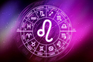 Fototapeta premium Leo zodiac sign. Leo icon on blue space background. Zodiac circle on a dark blue background of the space