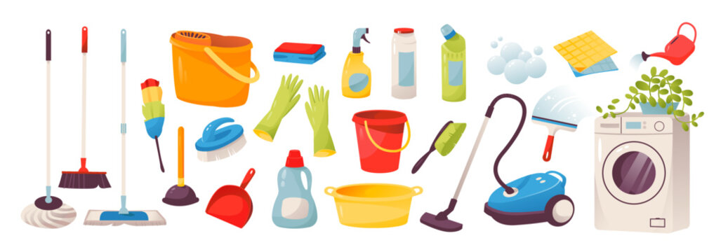Cleaning. Icons of tools for cleaning the house and office. Washing machine, vacuum cleaner, detergents and cleaning products for cleaning. Housework concept. Vector illustration isolated 
