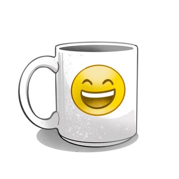 Lachen Smiley Emoticon Tasse / Zeichnung bzw. Illustration passend zu den Themen Homeoffice, Business, Morgen Routine, Gesundheit, Gute Laune, Socialmedia