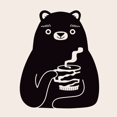 Vector illustration with black bear holding cup of hot tea or coffee. Cafe menu wall print design, monochrome poster with animal and drink, apparel coffee lover print - 520554763