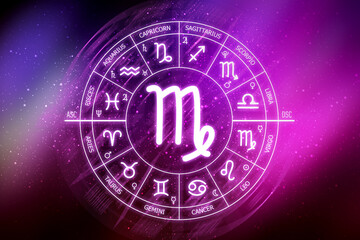 Virgo zodiac sign. Virgo icon on blue space background. Zodiac circle on a dark blue background of the space