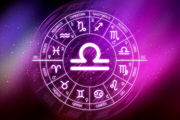 Naklejka na ściany i meble Libra zodiac sign. Libra icon on blue space background. Zodiac circle on a dark blue background of the space