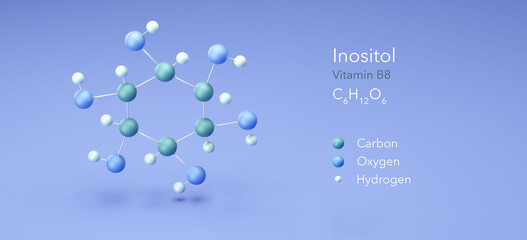 inositol, vitamin b8. Molecular model, 3d rendering, Structural Chemical Formula and Atoms with Color Coding