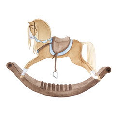 Watercolor illustration depicting vintage cute fairy tale children's toy rocking horse, isolated © dakora