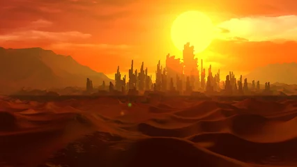 Foto auf Acrylglas Rot  violett Apokalyptische Wüstenlandschaft mit verlassener Stadt. Futuristisches Architektur-Rendering. Science-Fiction-Stadtbild in Sonnenuntergangsfarben. 3D-Rendering