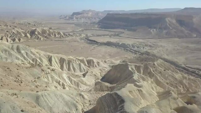 Drone view of desert Zin Wadi in Israel.