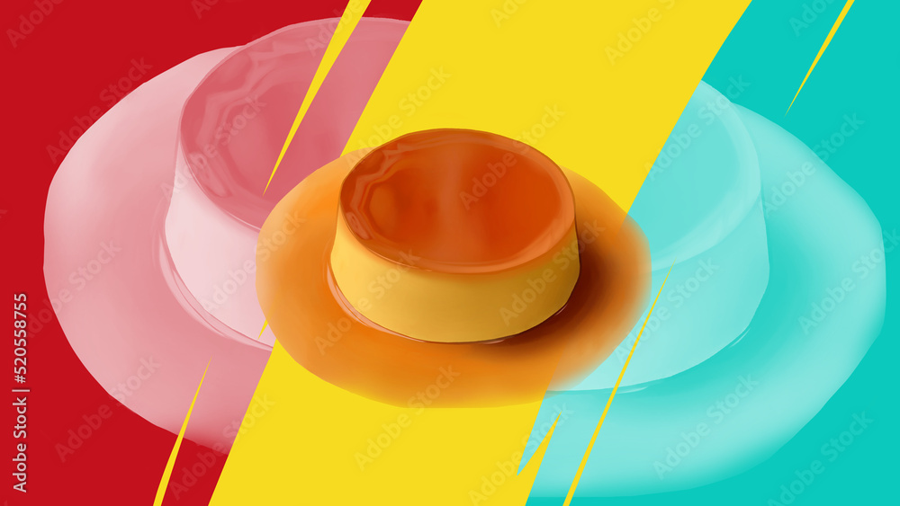 Wall mural creme caramel with sweet syrup in the middle of red and yellow and cyan  color modern style background.PC wallpaper size.