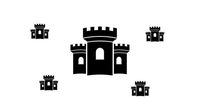 Zoom in and out animation the castle symbol. Large black symbol in the center and four small symbols around. Seamless looped 4k animation on white background