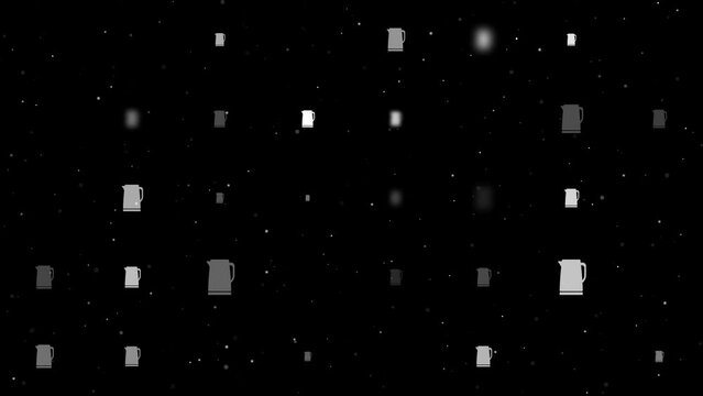 Template animation of evenly spaced kettle symbols of different sizes and opacity. Animation of transparency and size. Seamless looped 4k animation on black background with stars