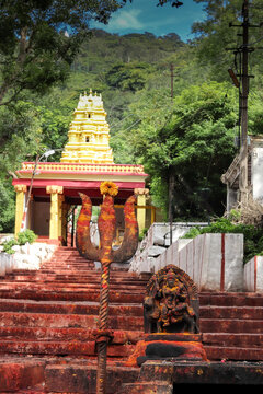 A Divine view of the Trisula Weapon smeared with Kumkum and turmeric paste as a symbolic offering to the Goddess Chamundeshwari at the foothill in Mysore, India.