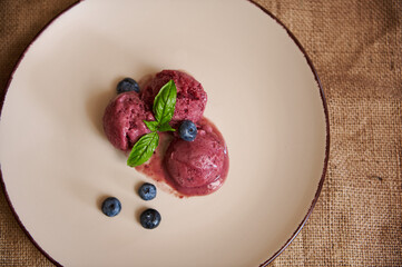 Flat lay. Still life. Vegan berry sorbet. Homemade blueberry ice cream with organic blueberries and lemon basil leaves