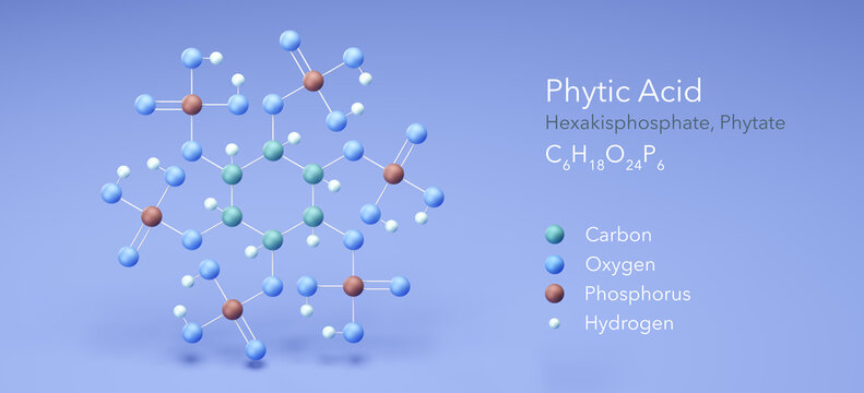 phytic acid, hexakisphosphate, phytate. Molecular model, 3d rendering, Structural Chemical Formula and Atoms with Color Coding