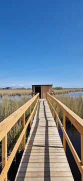 Vertical shot of a bird-watching house on the lake 'Store Hoj So' in Vestamager, Copenhagen, Denmark