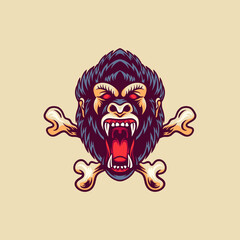 Gorilla And Bones Retro Illustration