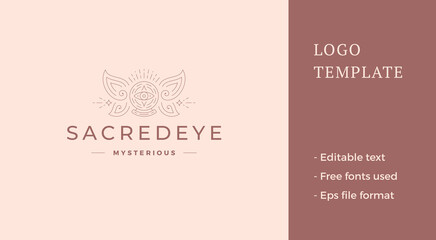 Magic crystal ball with wings logo emblem design template vector illustration in minimal line art style