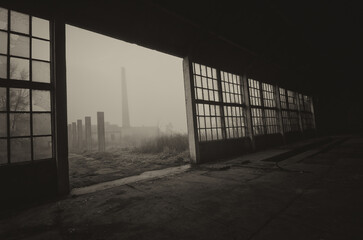 	
Old abandoned factory building or warehouse on sunny summer day