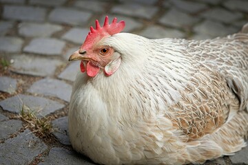 Weißes Huhn sitzt auf einem gepflasterten Boden