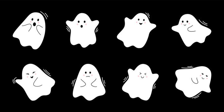 Vector halloween set with cute ghosts. Flying spirits in flat design. White phantoms on black background. Doodle ghosts.