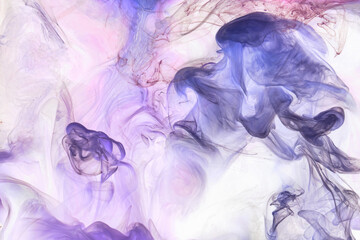 Liquid fluid art abstract background. Mix of purple lilac dancing acrylic paints underwater, space smoke ocean