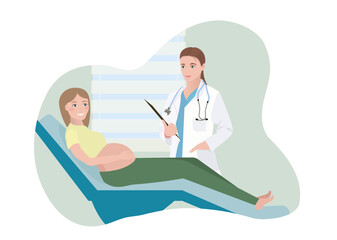 Flat illustration of a girl in a hospital who receives a consultation from a gynecologist. A pregnant girl lies on a gynecological chair in vector.