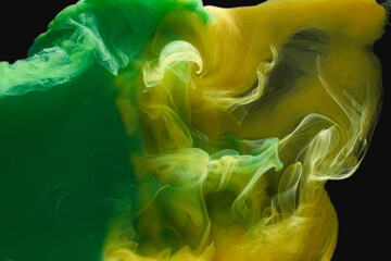 Fototapeta premium Liquid fluid art abstract background. Green, yellow dancing acrylic paints underwater, space smoke ocean, color explosion