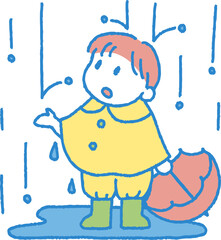 雨のなか傘を持って空を見上げる男の子のイラスト