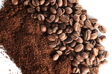 Roasted coffee beans different sort ground and whole isolated close up on white background